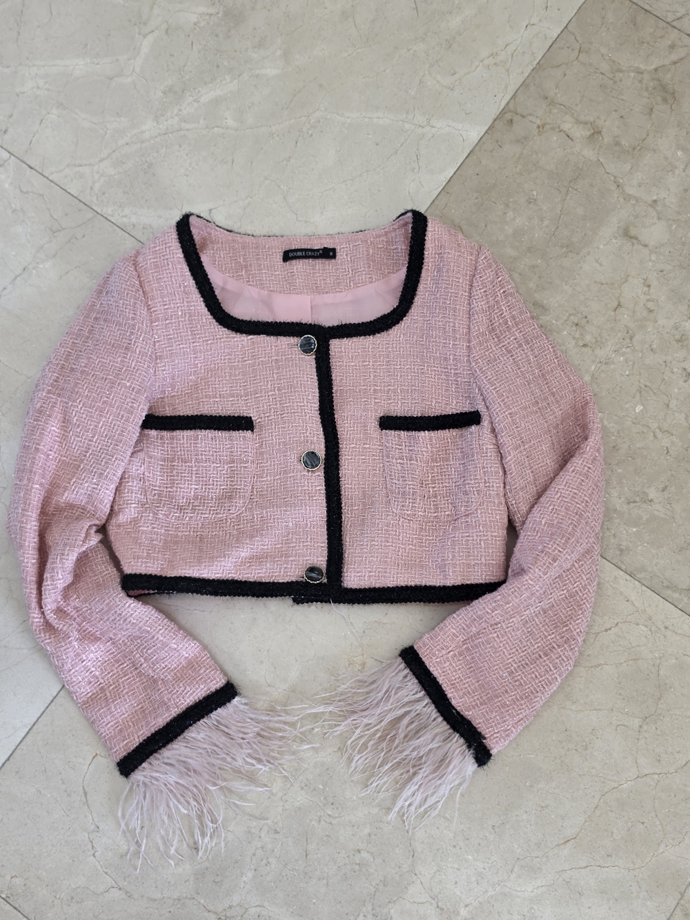 Cropped Pink Bouclé Blazer with Feather Cuffs